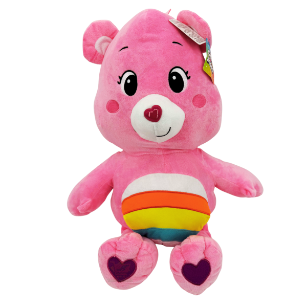 Pinkes Glücksbärchen-Plüschtier mit Regenbogen-Bauchmotiv und Herz-Details an den Füßen, sitzend ca. 44 cm